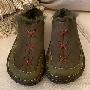 Born Olive Green Suede Shearling-Lined Clog Mules with Brown Lace Accents
